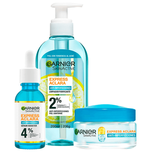 Este pack de Garnier Express Aclara Antiimperfecciones te ayudará a reducir imperfecciones y manchas, controlar la oleosidad e hidratar la piel. Incluye un sérum de 30ml + una crema Air Gel Matificante de 50ml + un gel limpiador de 200ml.