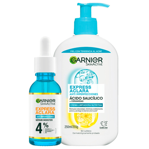 Transformá tu rutina facial con el Pack Garnier Express Aclara Antiimperfecciones, la combinación perfecta para una piel limpia, suave y uniforme. La Crema Limpiadora Hidratante con ácido salicílico y ceramidas elimina impurezas y reduce poros sin resecar, dejando la piel fresca y luminosa. Luego, el sérum de 30ml actúa intensamente para disminuir imperfecciones, afinar los poros y unificar el tono, logrando un rostro más saludable y radiante día tras día.