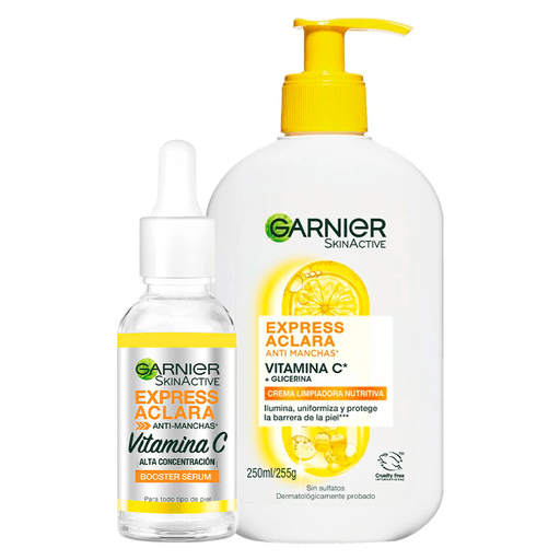 El Pack Garnier Express Aclara con Vitamina C unifica el tono de la piel, dejándola más suave, hidratada y radiante. El Sérum Antimanchas de 30ml ofrece una piel más uniforme en solo 3 días con una textura ligera y de rápida absorción. La Crema Limpiadora Antimanchas de 250ml limpia e ilumina la piel opaca mientras hidrata y unifica el tono sin dañar la barrera cutánea.