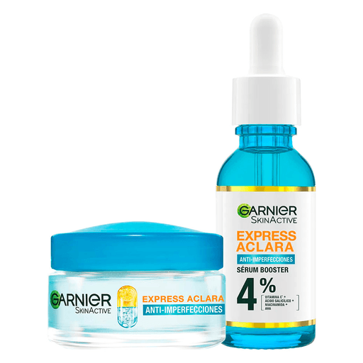El Pack Garnier Express Aclara combina dos poderosos productos para el cuidado de la piel: la Crema Gel Matificante de 50ml y el Sérum Antiimperfecciones de 30ml, ideales para pieles con tendencia al acné. La Crema Gel Matificante con 4% Ácido Salicílico, Niacinamida y Vitamina C ayuda a reducir visiblemente las imperfecciones, disminuir manchas, controlar la oleosidad e hidratar la piel. Por su parte, el Sérum Antiimperfecciones ofrece una solución innovadora para minimizar poros y lograr una piel más uniforme. Juntos, estos productos proporcionan un cuidado completo para una piel más limpia, mate y luminosa.