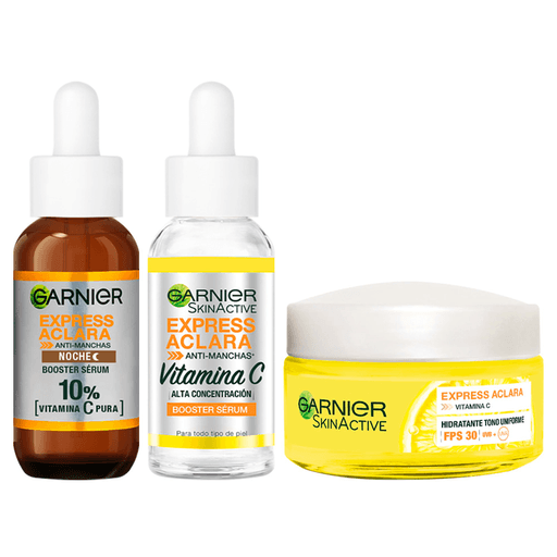 La gama Garnier Express Aclara son productos aclarantes enriquecidos con limón y vitamina C que limpian e hidratan tu rostro de forma rápida y sencilla. Este pack incluye un sérum antimanchas de 30ml + un sérum noche de 30ml + una crema de 50ml.