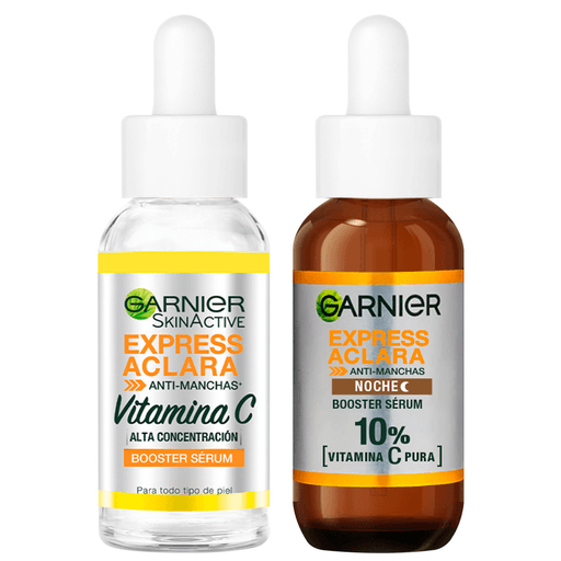 La gama Garnier Express Aclara son productos aclarantes enriquecidos con limón y vitamina C que limpian e hidratan tu rostro de forma rápida y sencilla. Este pack incluye un sérum antimanchas de 30ml + un sérum noche de 30ml.