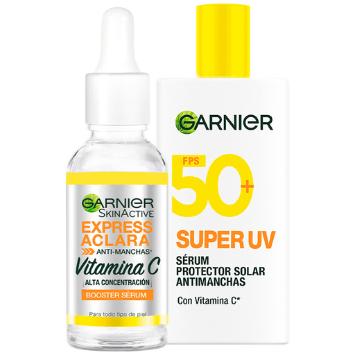 Este pack Garnier Express Aclara dejará tu piel protegida y visiblemente uniforme gracias a la vitamina C. Incluye un sérum antimanchas de 30ml + un protector solar Super UV Fluido FPS 50+ de 50ml.