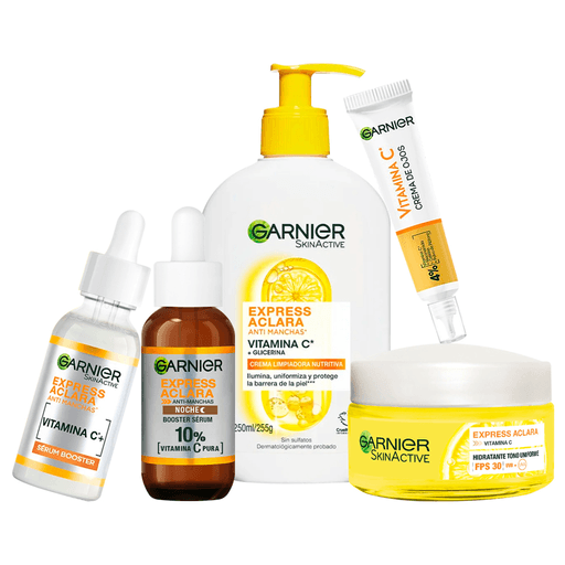 La gama Garnier Express Aclara son productos aclarantes enriquecidos con limón y vitamina C que limpian e hidratan tu rostro de forma rápida y sencilla. Este pack incluye un sérum antimanchas de 30ml + un sérum noche antimanchas de 30ml + una crema con vitamina C de 50ml + una crema de ojos de 15ml + una crema de limpieza de 250ml.