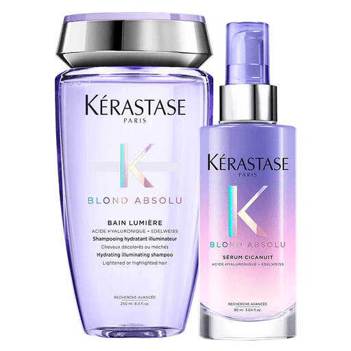 Este pack Kérastase Blond Absolu de un shampoo Bain Lumiere de 250ml + un sérum Cicanuit Kérastase de 90ml es el tratamiento perfecto para el cabello rubio claro o gris. La fórmula ligera del shampoo contiene una infusión de ácido hialurónico que ayuda a nutrir y aportar luminosidad al cabello rubio, dejándolo suave y brillante. Por su parte, el sérum Cicanuit Kérastase es un suero crema en gel sin enjuague que actúa durante la noche para hidratar y restaurar la fibra decolorada, dejando el cabello rubio más suave y saludable al despertar. Este pack es ideal para todo tipo de cabello rubio, ya que proporciona una hidratación profunda y un cuidado especializado para mantenerlo en óptimas condiciones.