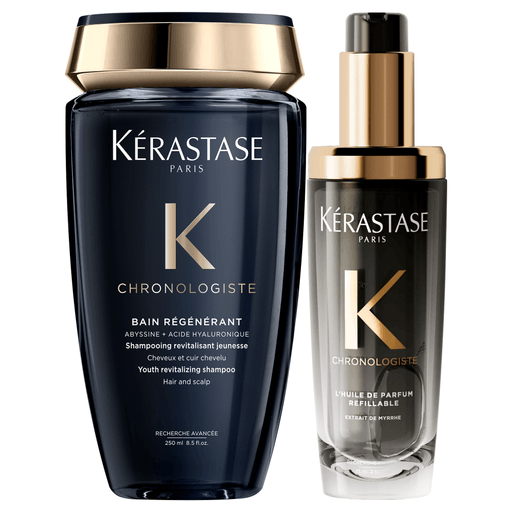 Este pack Kérastase Chronologiste con un shampoo Bain Régénérant Kérastase de 250ml + un aceite Huile de Parfum de 75ml es la combinación perfecta entre tecnología avanzada de lujo supremo y una experiencia sensorial única. El shampoo restaurador sublima todo tipo de cabello, desde el cuero cabelludo hasta las puntas, dejándolo suave, nutrido y radiante. Mientras que el aceite ofrece un sofisticado equilibrio de té de rosas, madera y almizcle, proporcionando un aroma delicado y exquisito a tu cabello. Con Chronologiste, tu pelo se alisará, nutrirá y revivirá con un brillo radiante.
