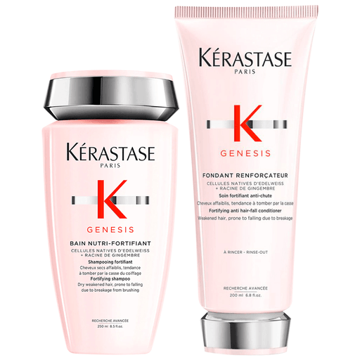 Disfrutá de un cabello fortalecido con este pack Kérastase, el cual incluye el shampoo Génesis Bain Nutri Fortifiant para cabello grueso y cuero cabelludo seco, y el acondicionador Fondant Renforcateur, el cual brinda protección y nutrición.