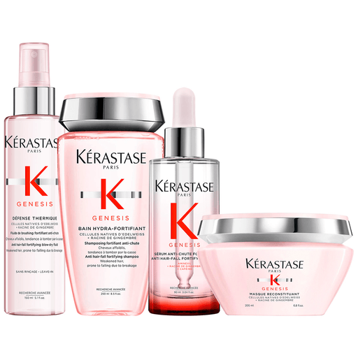 Con este pack Kérastase Génesis de shampoo, máscara, protector térmico y sérum obtendrás un cabello fuerte, con menos caída, mientras que está suave, hidratado y liviano. Un cuidado único para un cabello increíble