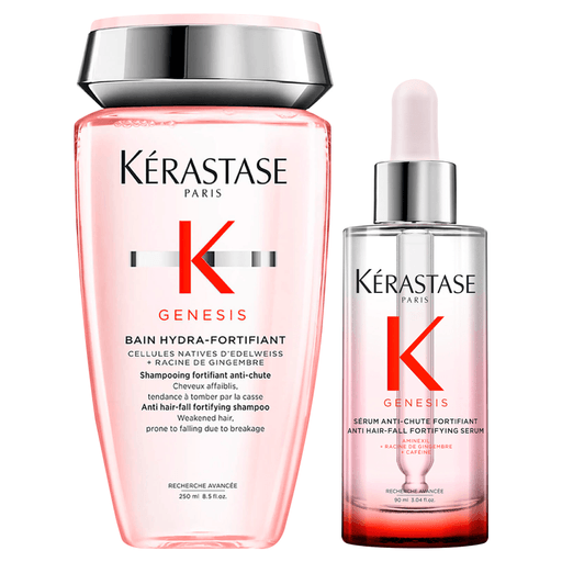 El pack Kérastase contiene un shampoo y un sérum fortificante para fortalecer el cabello debilitado que tiende a caer debido a roturas en su estructur