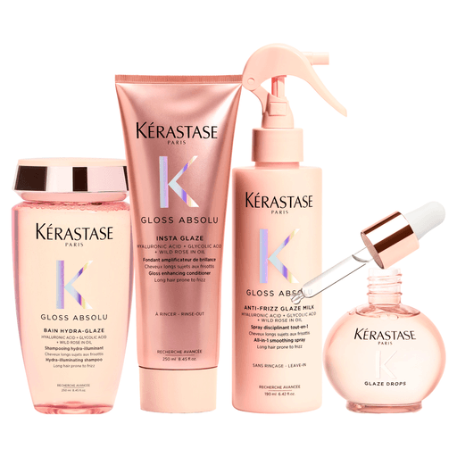 Gloss Absolu de Kérastase tiene una fórmula a base de ácido hialurónico, ácido glicólico y extracto de rosa silvestre, la cual te proporciona un cabello glossy: suave, con brillo y ligero. Este imperdible pack incluye un shampoo Bain Hydra-Glaze de 250ml + un acondicionador Insta Glaze de 250ml + un spray Antifrizz Glaze Milk de 190ml + un aceite Glaze Drops de 45ml.