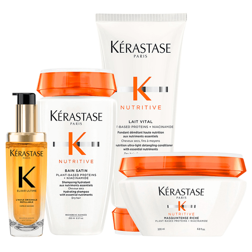 Este pack Kérastase Nutritive es perfecto para hidratar, nutrir y fortalecer el cabello seco. Incluye shampoo, acondicionador, máscara y un aceite Elixir que trabajan juntos para devolver la suavidad, el brillo y la manejabilidad del cabello, proporcionando una nutrición intensa y resultados visibles desde la primera aplicación.