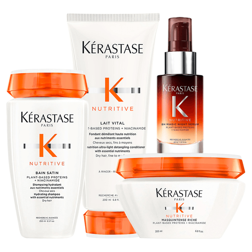 Pack Kérastase Nutritive diseñado para hidratar, nutrir y fortalecer el cabello seco. Incluye shampoo, acondicionador, máscara y sérum nocturno que trabajan en conjunto para devolver la suavidad, el brillo y la manejabilidad del cabello, proporcionando una nutrición intensa y resultados visibles desde la primera aplicación.
