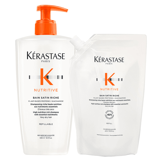 Nutritive Bain Satin Riche de Kérastase tiene una fórmula de alta nutrición que limpia profundamente y repara el cabello muy seco mientras repone la hidratación. El pack incluye un shampoo de 500ml + una recarga de 500ml.