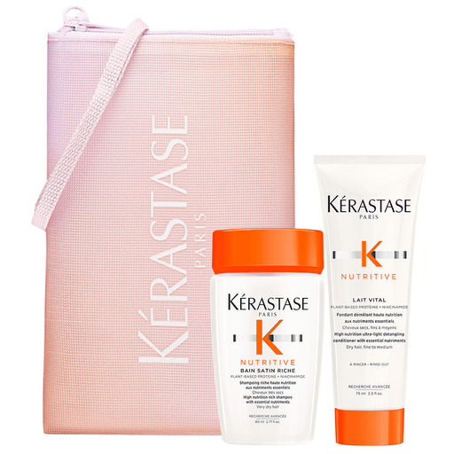 Repará tu cabello seco y dejalo nutrido y profundamente limpio con este pack Kérastase Nutritive travel size, el cual podés llevarlo en tus viajes sin problemas. Incluye un shampoo Bain Satin Riche de 80ml + un acondicionador Lait Vital Protéinée de 75ml.