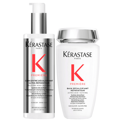 Este pack Kérastase Première elimina la acumulación de calcio responsable de la rotura, reconecta los enlaces de queratina dañados y recrea la fuerza del cabello, dejándolo más fuerte, suave y brillante. Incluye Pre Shampoo Concentré Décalcifiant Ultra-Réparateur de 250ml + Shampoo Bain Décalcifiant Réparateur de 250ml.