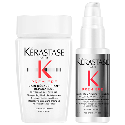 Este pack Kérastase Première es la opción ideal para cuidar tu pelo mientras viajás, además de dejarlo más fuerte, suave y brillante. El pack incluye un pre shampoo Concentré Décalcifiant Ultra-Réparateur Travel Size de 45ml + un shampoo Bain Décalcifiant Réparateur Travel Size de 80ml.