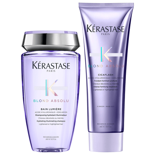 Cuidá y lucí estupendo tu cabello rubio con este pack Kerastase Blond Absolu. Es la respuesta definitiva para todas las rubias. Una combinación única de potente Ácido Hialurónico y flor de Edelweiss que deja la fibra profundamente nutrida, atenúa los tonos amarillentos e ilumina el cabello para conseguir el rubio deseado.