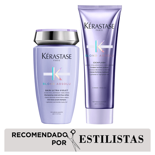 Lucí tu cabello rubio con este pack Kerastase Blond Absolu. El cual incluye un shampoo Bain Ultra-violet con una fórmula ligera que contiene una infusión de ácido hialurónico ideal para el cabello aclarado, decolorado o gris. Y además, un acondicionador Cicaflash, con un toque de lavanda y las propiedades restaurativas de una máscara super liviana. Su composición restaura intensivamente el cabello sensibilizado a la vez que nutre la fibra.