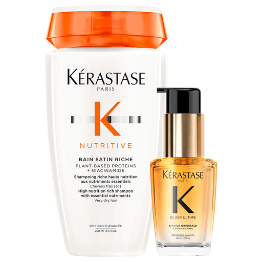 Hacé que tu cabello esté limpio, reparado, con brillo y fuerza, con este pack Kérastase que incluye un shampoo Nutritive Bain Satin Riche de 250ml + un aceite Elixir Ultime L'Huile Kérastase Original de 30ml.