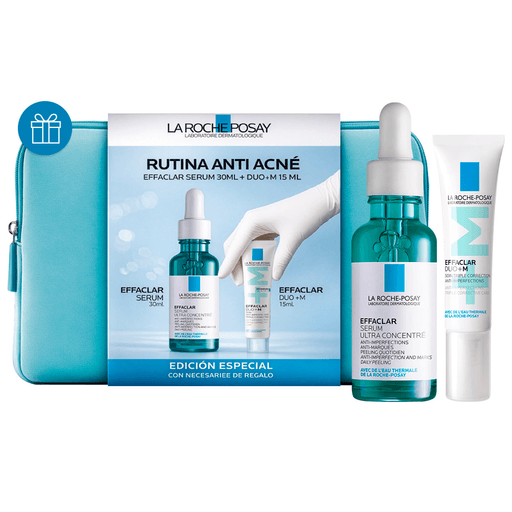 El Pack Rutina Antiimperfecciones Effaclar de La Roche-Posay combina el serum Ultra Concentrado de 30ml y el tratamiento Duo +M de 15ml para tratar imperfecciones, marcas de acné, poros visibles y puntos negros. Su fórmula con complejo triácido exfoliante y niacinamida ayuda a renovar la piel, controlar el sebo y mejorar visiblemente la textura y el tono, brindando resultados visibles desde las primeras horas. Ideal para pieles grasas o con tendencia acneica. Incluye un neceser DE REGALO.