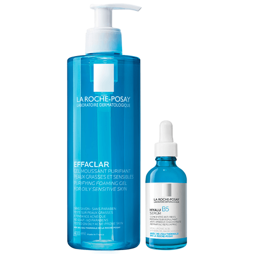 Mantené tu piel limpia y protegida con ayuda de este pack La Roche-Posay con gel de limpieza Effaclar ideal para pieles mixtas a grasas y sérum antiedad Hyalu B5 con Ácido Hialurónico.