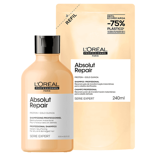 Este pack Absolut Repair Gold está pensado para brindarte una reparación profesional completa del cabello dañado y sobreprocesado, combinando rendimiento y ahorro inteligente. Incluye un shampoo de 300ml junto con una recarga ecológica de 240ml, ideal para reutilizar tu envase y reducir el consumo de plástico, permitiéndote prolongar su uso mientras cuidás tu cabello y el medio ambiente al mismo tiempo.