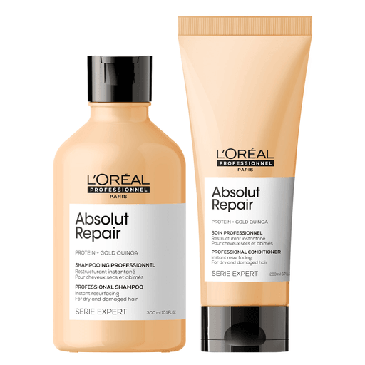 Cuidá, repará y suavizá tu cabello con este pack de shampoo y acondicionador L'Oreal Professionnel Absolut Repair Gold. Reparador de cabellos dañados, realza el brillo y suaviza el pelo, con fórmula profesional.