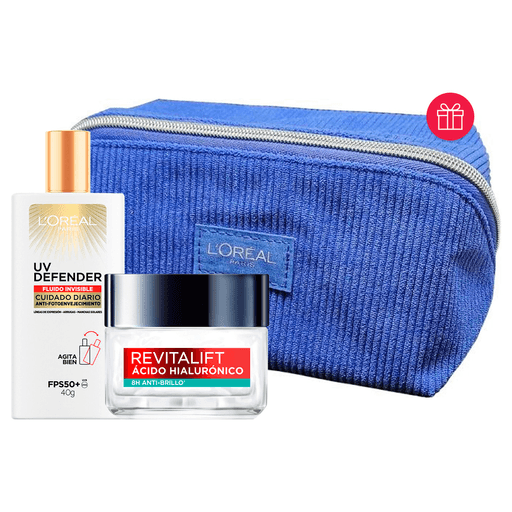 Completá tu rutina diaria de cuidado facial con este práctico pack de L'Oréal Paris, que combina el Gel Crema Revitalift Ácido Hialurónico Antibrillo de 50ml y el protector solar Facial UV Defender Fluido Invisible FPS50+ de 40g. El gel crema ofrece una textura refrescante y de rápida absorción, formulada con ácido hialurónico para hidratar intensamente y rellenar líneas de expresión, junto con ácido salicílico que ayuda a controlar el brillo por hasta 8 horas y reducir visiblemente la apariencia de los poros. Por su parte, el protector solar UV Defender Fluido Invisible brinda muy alta protección contra los rayos UVA y UVB gracias a su FPS50+, con una textura ultraligera, resistente al agua y al sudor, ideal para pieles mixtas a grasas. Una combinación perfecta para lucir una piel más suave, protegida y saludable todos los días.
