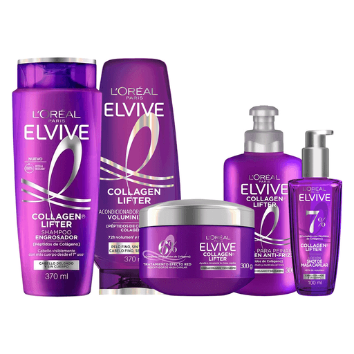 Transformá tu cabello fino y sin volumen con el pack L'Oréal Elvive Collagen Lifter. Este tratamiento integral incluye un shampoo de 370ml, un acondicionador de 370ml, una loción de 100ml, una máscara de 300g y una crema para peinar de 300ml, una combinación especialmente desarrollada para aportar cuerpo, densidad y movimiento desde la raíz. Enriquecida con péptidos de colágeno, su fórmula ayuda a conseguir un cabello visiblemente más grueso, ligero y con hasta un 80% más de volumen sin apelmazar. El shampoo limpia suavemente mientras potencia el volumen; el acondicionador desenreda y aporta cuerpo instantáneo; la mascarilla reconstruye la masa capilar y revitaliza la fibra desde el primer uso; la loción brinda volumen inmediato y protección térmica hasta 230°C; y la crema para peinar fortalece, controla el frizz y aporta movimiento natural con protección contra el calor. Una rutina completa para lucir un cabello más abundante, suave, manejable y con aspecto saludable todos los días.