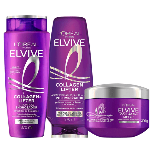 Transformá tu rutina capilar con el Pack L’Oréal Paris Elvive Collagen Lifter, compuesto por un shampoo de 370ml, un acondicionador de 370ml y una mascarilla de 300g, especialmente desarrollado para cabellos finos y sin volumen. Su fórmula enriquecida con péptidos de colágeno ayuda a aportar cuerpo, movimiento y un efecto de mayor densidad desde la raíz, dejando el cabello más ligero, suave y con hasta un 80% más de volumen sin apelmazar. El shampoo limpia suavemente mientras revitaliza y aporta una sensación de cabello más abundante, el acondicionador desenreda y brinda volumen instantáneo con un acabado liviano y flexible, y la mascarilla actúa profundamente reconstruyendo la masa capilar para un cabello visiblemente más grueso, revitalizado y con movimiento natural desde el primer uso. Ideal para lograr un look con más cuerpo, fuerza y apariencia saludable todos los días.