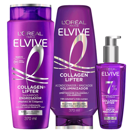Dale fuerza y volumen a tu cabello con el Pack L’Oréal Paris Elvive Collagen Lifter, compuesto por un shampoo de 370ml, un acondicionador de 370ml y una loción capilar de 100ml. Su fórmula enriquecida con péptidos de colágeno ayuda a aportar cuerpo, movimiento y un efecto de mayor densidad desde la raíz, dejando el cabello más ligero, suave y con hasta un 80% más de volumen sin apelmazar. El shampoo limpia suavemente mientras revitaliza el cabello fino y sin cuerpo, el acondicionador desenreda y aporta una sensación más gruesa y flexible al instante, y la loción completa la rutina brindando volumen inmediato y protección térmica de hasta 230°C para cuidar la fibra capilar durante el peinado. Ideal para quienes buscan un cabello con más vida, movimiento y apariencia saludable todos los días.