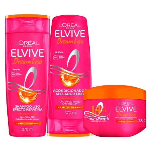 ¿Pelo con frizz? Conocé la revolución de Elvive Dream Liso, la primera rutina de Liso Efecto Keratina en casa. Su fórmula enriquecida con Keratina V + AHA con menos frizz. Este pack inclue un shampoo de 370ml, un acondicionador de 370ml y una mascarilla de 300ml.