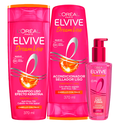 ¿Pelo con frizz? Conocé la revolución de Elvive Dream Liso, la primera rutina de Liso Efecto Keratina en casa. Su fórmula enriquecida con Keratina V + AHA con menos frizz. Este pack incluye un shampoo de 370ml, un acondicionador de 370ml y un sérum de 100ml.