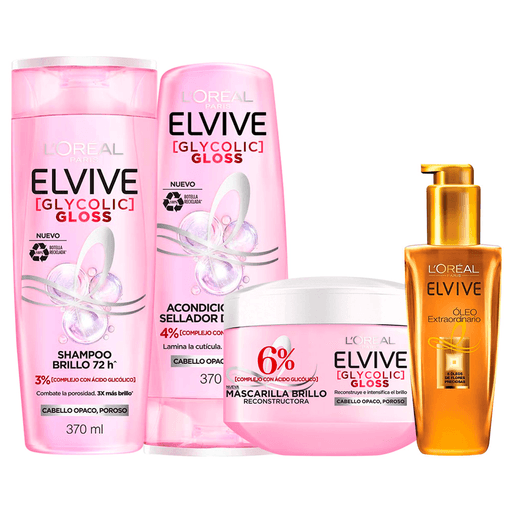 Este pack de L´Oréal Elvive es perfecto para que tu pelo se vea y sienta deslumbrante. Incluye 3 productos de la línea Glycolic Gloss que con su fórmula poderosa, combate la porosidad y lamína la cutícula para mejorar visiblemente la calidad del pelo, incluye shampoo de 70ml, acondicionador de 370ml y mascarilla de 300ml. Además el pack incluye un aceite Óleo Extraordinario para una nutrición profunda y ligera, dejando un brillo satinado y mayor docilidad.