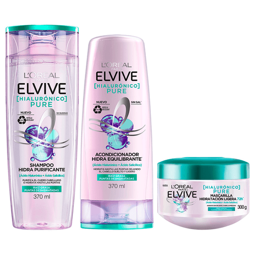 Descubrí Elvive Hialurónico Pure de L'Oréal Paris, la nueva línea para pelo graso y puntas deshidratadas que va a revolucionar tu cabello, dejándolo como espectacular. Incluye un shampoo de 370ml + un acondicionador de 370ml + una mascarilla de 300ml.