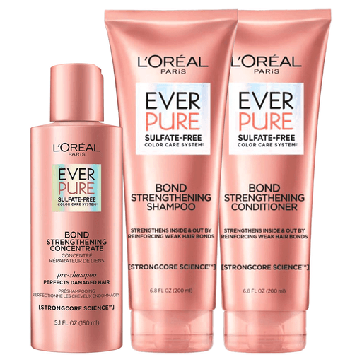 Llegó la línea revolucionaria Ever Pure Bond Strengthening de L'Oreal, diseñada para reparar y recuperar la fuerza del cabello en solo 6 usos. Su fórmula única fortalece el pelo reforzando los enlaces débiles, gracias a la avanzada tecnología bonding. Este pack incluye un pre shampoo de 150ml + un shampoo de 200ml + un acondicionador de 200ml.