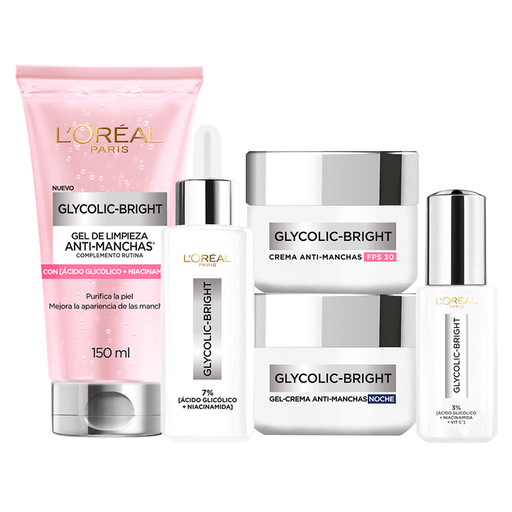 Glycolic Bright, es la línea de L'Oreal inspirada en la ciencia de productos profesionales para reducir manchas. Está formulada con dos de los ingredientes más eficaces antimanchas: Ácido Glicólico y Niacinamida para reducir un 77% las manchas. Este Pack incluye un gel de limpieza de 150ml + un sérum rostro de 30ml + un sérum de ojos de 20g + una crema Día FPS30 de 50ml + una crema Noche de 50ml.
