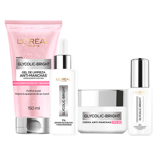 Glycolic Bright, es la línea de L'Oreal inspirada en la ciencia de productos profesionales para reducir manchas. Está formulada con dos de los ingredientes más eficaces antimanchas: Ácido Glicólico y Niacinamida para reducir un 77% las manchas. Este Pack incluye un gel de limpieza de 150ml + un sérum rostro de 30ml + un sérum de ojos de 20g + una crema Día FPS30 de 50ml.
