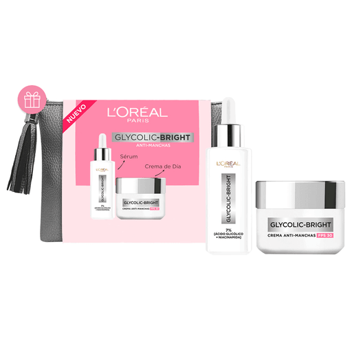 Glycolic Bright, es la línea de L'Oreal inspirada en la ciencia de productos profesionales para reducir manchas. Está formulada con dos de los ingredientes más eficaces antimanchas: Ácido Glicólico y Niacinamida para reducir un 77% las manchas. Este Pack incluye un sérum rostro de 30ml + una crema Día FPS30 de 50ml + un Neceser DE REGALO.