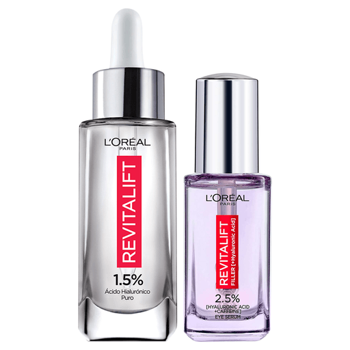 Pack L'Oreal Revitalift con Ácido Hialurónico, ideal para quienes buscan hidratación intensiva y una piel visiblemente más joven. Incluye un sérum facial con 1,5% de ácido hialurónico puro, que brinda la máxima concentración para reducir un 40% las líneas finas en 4 semanas, recomendado para edades entre 25 y 30 años como tratamiento anti-edad preventivo. Se complementa con un sérum de ojos con ácido hialurónico y cafeína, que hidrata profundamente, rellena líneas finas y revitaliza la mirada reduciendo visiblemente bolsas y ojeras. Una rutina poderosa para lucir una piel más suave, fresca y luminosa.