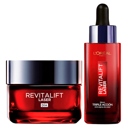 El pack L'Oreal Revitalift Laser Antiedad combina un Sérum de 30ml y una Crema Día de 50ml para hidratar intensamente, reducir arrugas y mejorar la firmeza y luminosidad de la piel, logrando un aspecto más joven y revitalizado desde las primeras aplicaciones.