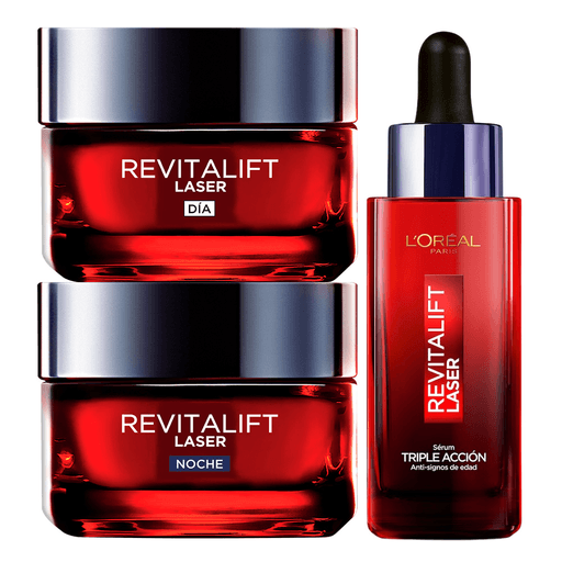El pack L'Oreal Revitalift Laser Antiedad combina un Sérum de 30ml, una Crema Día de 50ml y una Crema Noche de 50ml para hidratar intensamente, reducir arrugas y mejorar la firmeza y luminosidad de la piel, logrando un aspecto más joven y revitalizado desde las primeras aplicaciones.