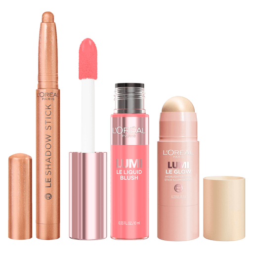 Este pack L’Oréal Paris reúne tres esenciales para un maquillaje luminoso y natural: iluminador en barra, rubor líquido y sombra en stick. Su iluminador Lumi Le Glow ofrece un brillo sedoso inmediato gracias a su fórmula que refleja la luz, mientras que el rubor líquido Lumi Le Liquid aporta un toque de color fresco con alta pigmentación y fácil difuminado. Completa el look la sombra Paradise Le Shadow Stick, con textura cremosa que se desliza suavemente, permitiendo construir y mezclar el color sin esfuerzo para un acabado uniforme y radiante.
