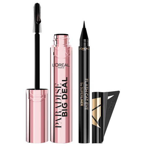 Descubrí este pack ideal para realzar tu mirada y lograr un impacto único. La máscara de pestañas Paradise Big Deal Washable ery Black multiplica el volumen y la longitud de tus pestañas sin pegotes, capa tras capa. Completá el look con este delineador Flash Cat Eye de L'Oréal con aplicador, el cual te ayuda a delinearte súper rápido en sólo 4 pasos.