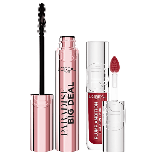 Descubrí este pack ideal para realzar tu belleza. La máscara de pestañas Paradise Big Deal Washable ery Black multiplica el volumen y la longitud de tus pestañas sin pegotes, capa tras capa. Completá el look con el Plump Ambition Hyaluron Lip Oil 490 Berry Jolie, que hidrata por 24hs y deja tus labios más llenos, brillantes y vibrantes desde la primera pasada.