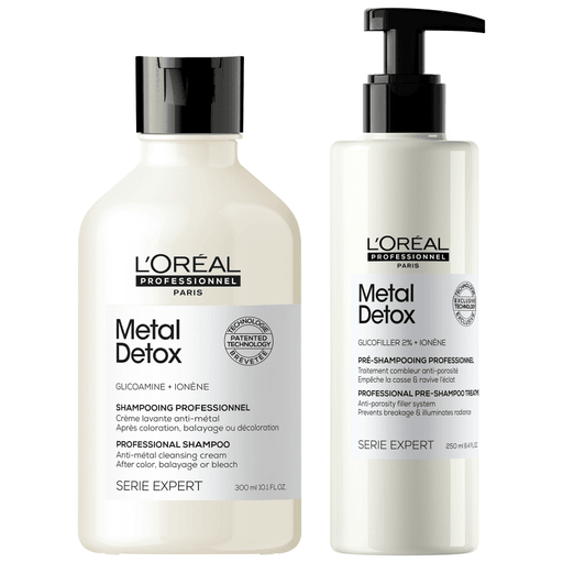 El Pack L'Oréal Professionnel Metal Detox incluye un Shampoo de 300ml y un Tratamiento Pre Shampoo de 250ml, diseñados para desintoxicar y proteger el cabello después de cualquier servicio de color, balayage o decoloración. El Tratamiento Pre Shampoo reduce la porosidad cuando el cabello es más vulnerable al agua, mientras que el Shampoo elimina residuos metálicos, dejando el cabello más fuerte, saludable y radiante.