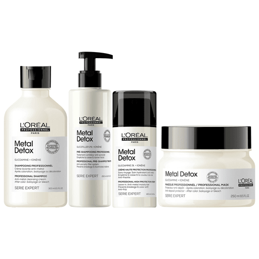 Este Pack L'Oréal Professionnel Metal Detox incluye un Shampoo de 300ml, un Tratamiento Pre Shampoo de 250ml, una crema Leave In de 100ml y una mascarilla de 250ml. Formulado para desintoxicar y proteger el cabello tras coloración, balayage o decoloración. El Pre Shampoo reduce la porosidad en su estado más vulnerable, el Shampoo elimina residuos metálicos, y la crema Leave In, con 1% de glicoamina, previene la acumulación de metales, evitando rotura y cambios de color. Mientras tanto la mascarilla protectora antidepósitos protege la fibra de los depósitos de partículas después de cualquier servicio de color, balayage o decoloración. Resultado: cabello más fuerte, saludable y con color vibrante.