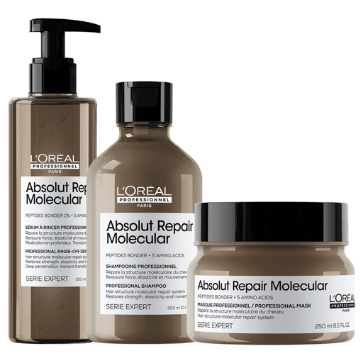 Absolut Repair Molecular es una línea creada por L'Oréal Professionnel​ para todo tipo de cabello dañado que logra reparar 2 años de daño en un uso. Este cofre incluye un shampoo de 300ml + un sérum tratamiento de 250ml + una máscara con enjuague de 250ml