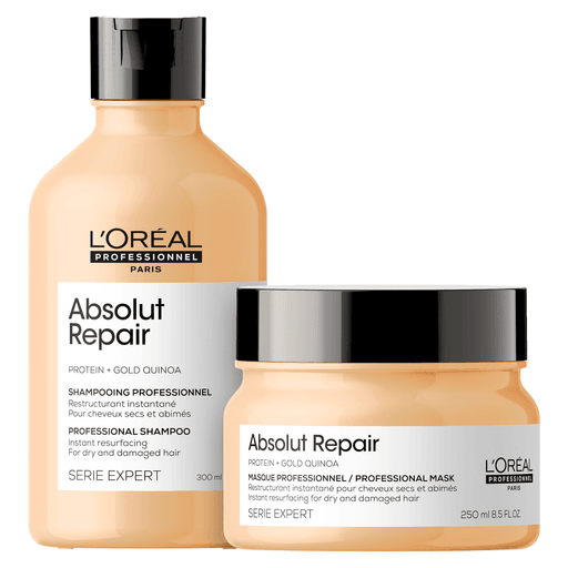 Obtené un cabello sano, brilloso y con vida con este pack de L'Oreal Professionnel Absolut Repair, el cual incluye un shampoo de 300ml + una mascarilla de 250ml
