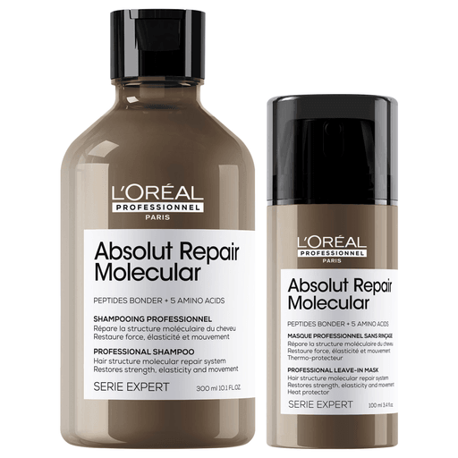 Absolut Repair Molecular es una línea creada por L´Oréal Professionnel para todo tipo de cabello dañado que logra reparar 2 años de daño en un uso. Este pack incluye un shampoo que ayuda a reparar, fortalecer y nutrir la fibra capilar, además de aportarle movimiento y suavidad + una máscara sin enjuague Leave In que repara y ofrece protección térmica por hasta 230°C.